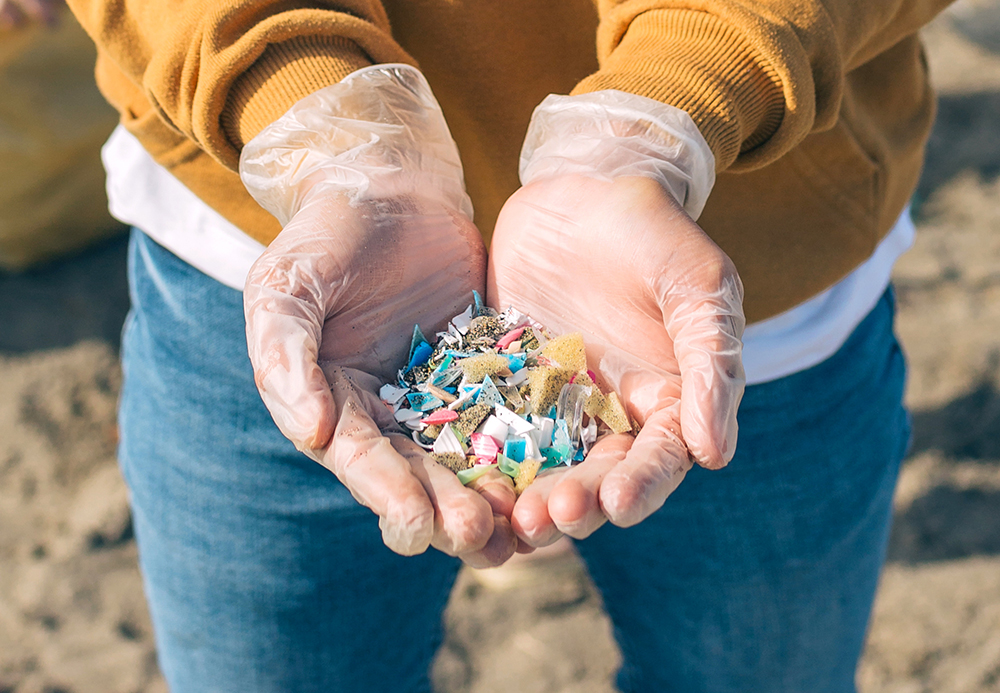 Gloved hands holding a collection of small plastic pieces